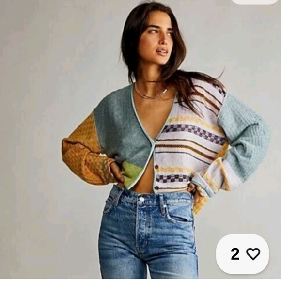 Free People Mixed Print Pieced Ready Set Go Colorful Women's Sweater Cardigan - Picture 2 of 11